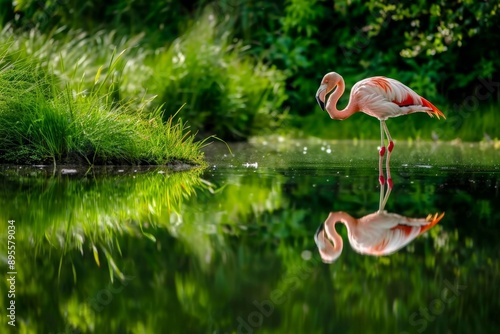 Wallpaper Mural Flamingo standing on one leg, reflecting in calm waters with lush green background Torontodigital.ca