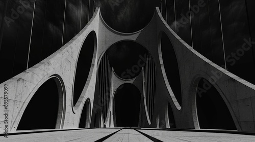 An impressive black and white photograph capturing the architectural elegance of a modern bridge The strong lines and geometric patterns of the cables and support structure create