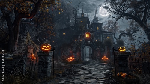 Gothic Haunted House on Halloween Night - Ultra-Realistic 3D Digital Art with Eerie Atmosphere and Spectral Apparitions