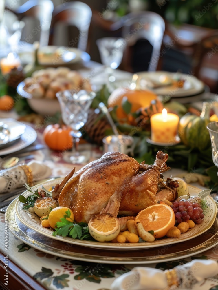 Turkey and fruit at dinner table Turkey and fruit at dinner table