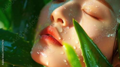 South Korean Woman Applying Aloe Vera Gel to Calm Red Inflamed Acne in Natural Soothing Environment photo