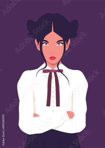 Portrait of a Hispanic discontent schoolgirl. Cheeky teenager in a school uniform. School bullying. Vector flat illustration