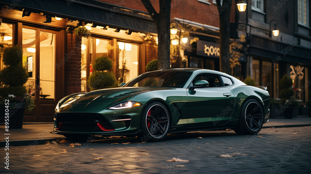 Luxury Sports Car Parked at Dusk Near Illuminated Building Luxury Sports Car Parked at Dusk Near Illuminated Building