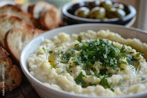 A bowl of skordalia, a garlicky potato dip garnished with parsley, served with crusty bread and olives. photo