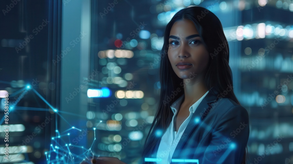 charismatic young latina executive confidently presenting data on a holographic tablet futuristic office with panoramic city views charismatic young latina executive confidently presenting data on a holographic tablet futuristic office with panoramic city views