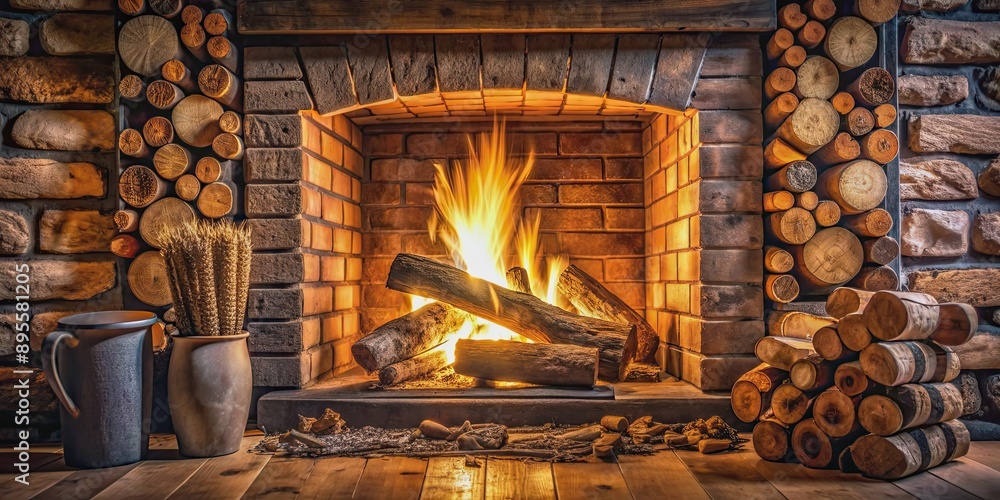 Cozy fireplace with burning wood logs , firewood, flames, warmth, heat, cozy, home, wood, logs, chimney, fire, relaxation Cozy fireplace with burning wood logs , firewood, flames, warmth, heat, cozy, home, wood, logs, chimney, fire, relaxation