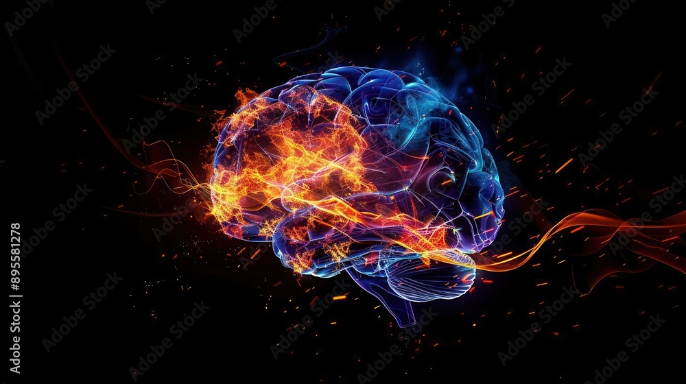conceptual neurology illustration glowing brain outline flamelike neural connections intense emotions visualized dark background with vibrant color accents conceptual neurology illustration glowing brain outline flamelike neural connections intense emotions visualized dark background with vibrant color accents