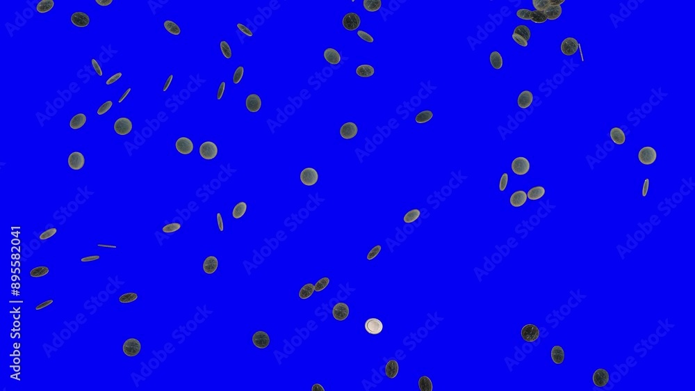 Glowing 1 euro coins falling and spinning on blue screen 3D animation Glowing 1 euro coins falling and spinning on blue screen 3D animation