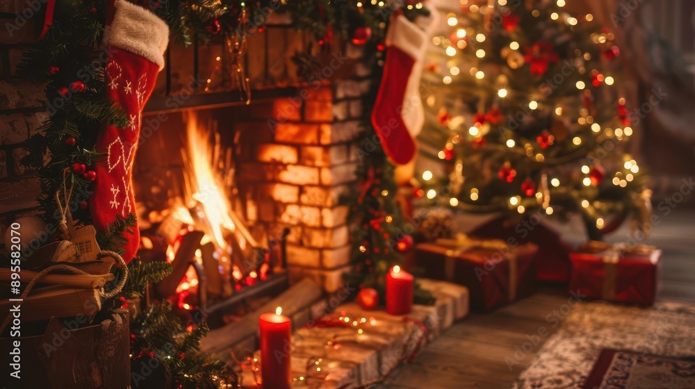 cozy fireplace adorned with festive garlands and stockings a twinkling christmas tree nearby creating a warm and inviting holiday atmosphere cozy fireplace adorned with festive garlands and stockings a twinkling christmas tree nearby creating a warm and inviting holiday atmosphere