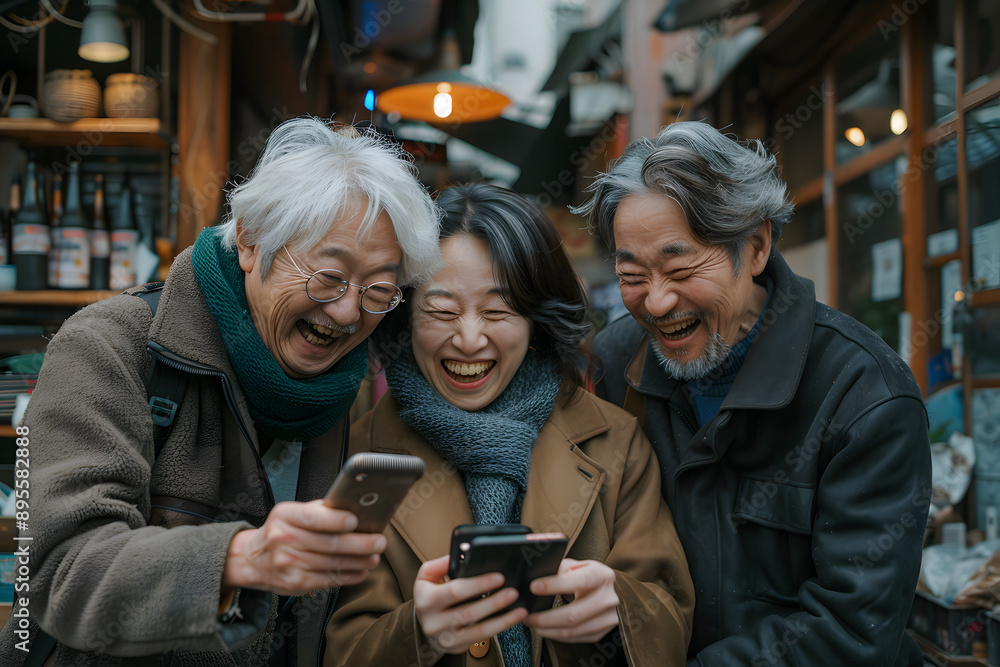 three people with a cell phone taking a photo or looking at things that make them funny three people with a cell phone taking a photo or looking at things that make them funny