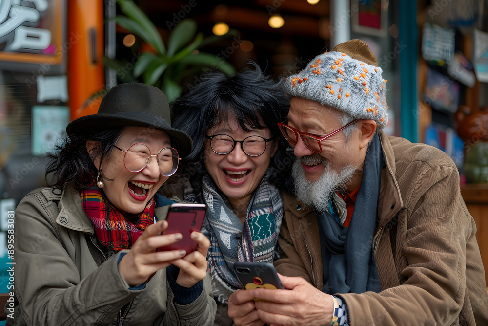 three people with a cell phone taking a photo or looking at things that make them funny three people with a cell phone taking a photo or looking at things that make them funny