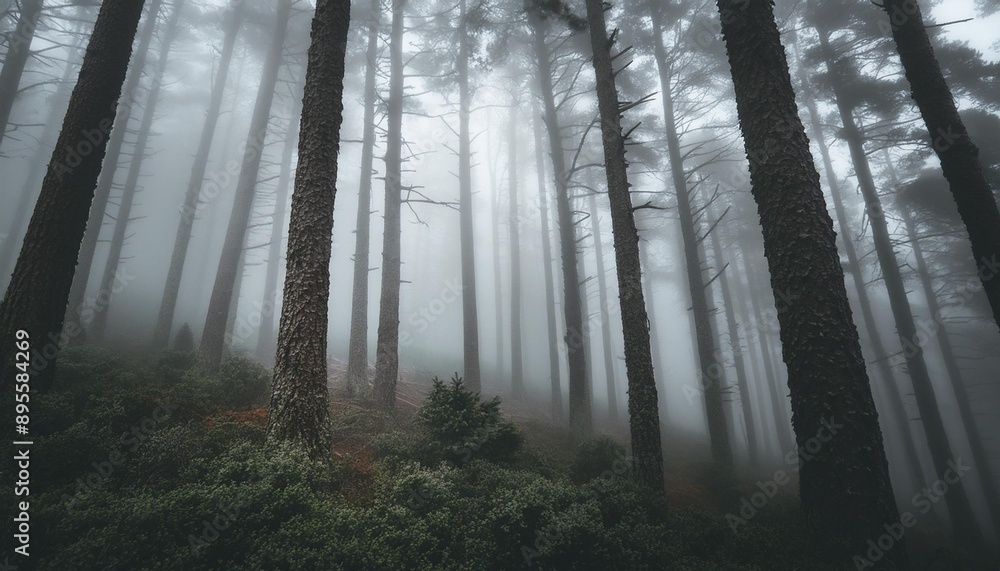 Obraz premium A Mystical Landscape of a Misty Forest with Large Trees