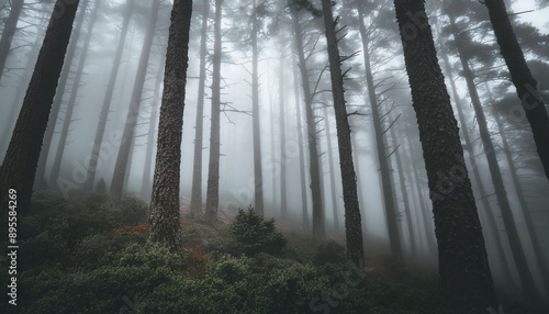  A Mystical Landscape of a Misty Forest with Large Trees