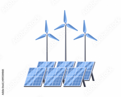 Solar and wind power renewable energy station with cell panels and windmills for clean sustainable electricity generation