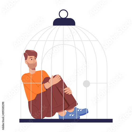 Flat style illustration showing a caged person  

