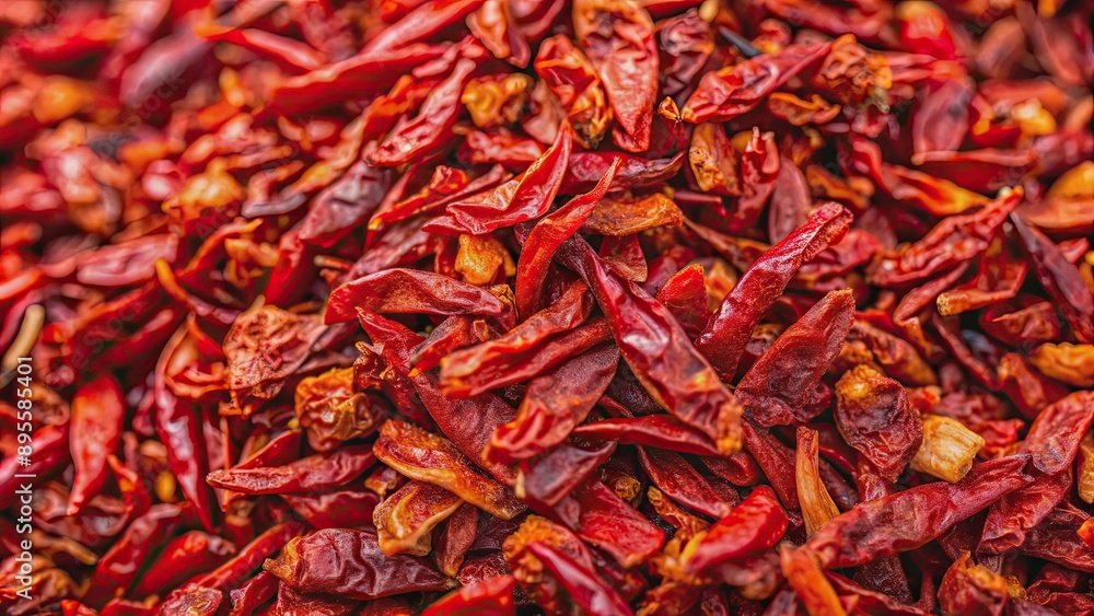 Fototapeta premium Vibrant red chili flakes with detailed texture, spicy, seasoning, ingredient, fiery, flakes, crushed, cooking, background, close-up