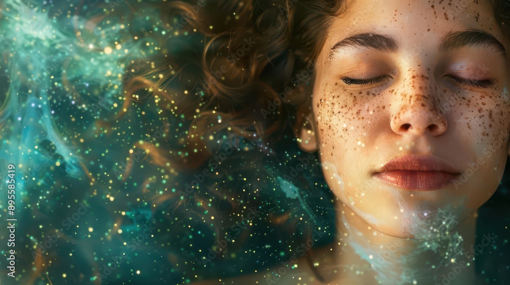 ethereal portrait of a woman with constellationlike freckles eyes closed in serene meditation cosmic energy swirling around her face ethereal portrait of a woman with constellationlike freckles eyes closed in serene meditation cosmic energy swirling around her face