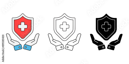 Shield Health care icons set. insurance symbol isolated background, medical health protection silhouette icon, hand holding Shield vector illustration.