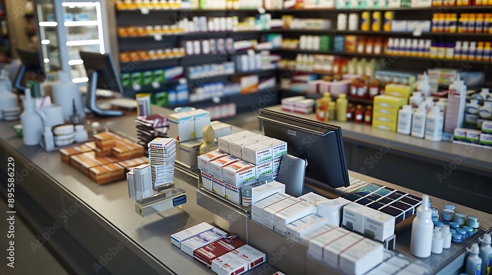 pharmacy counter from an overhead view, displaying an array of modern medicine packaging, a computerized prescription system, and organized shelves in the background. pharmacy counter from an overhead view, displaying an array of modern medicine packaging, a computerized prescription system, and organized shelves in the background.
