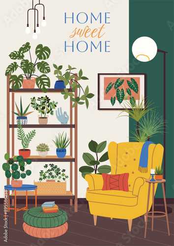 Housewarming party invitation or greeting card. New home celebration, postcard design with cozy interior scene and potted plants. Home sweet home. Flat vector banner illustration. New place to live in