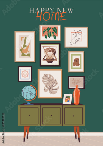 Housewarming party invitation or greeting card. New home celebration, colorful postcard design with mid-century modern style interior scene. Flat vector illustration banner. Happy new place to live in
