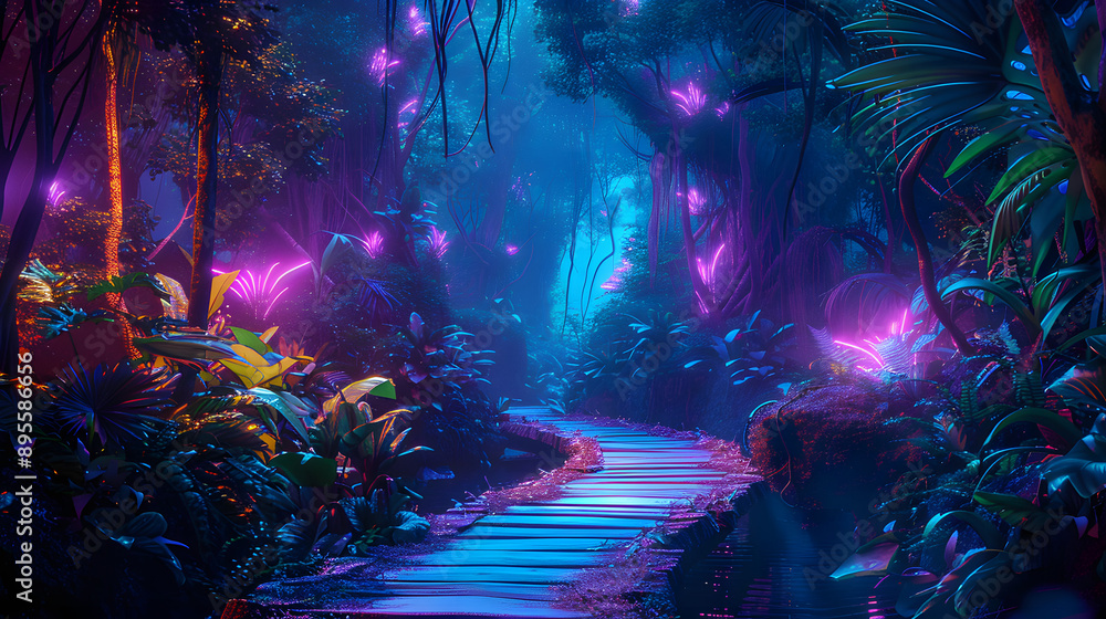 Obraz premium Magic forest with blue and purple neon colors and glowing. Mysterious pathway in the jungle.