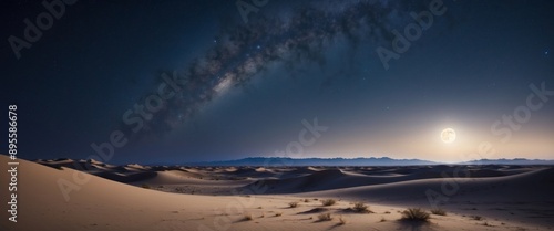 Moonlit desert oasis sandy dunes under crescent moon and starry sky, peaceful mystical ambiance. photo