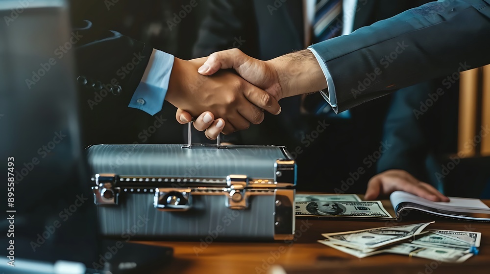Businessman and client shaking hands with briefcase full of cash on the table representing a successful deal in a professional setting Businessman and client shaking hands with briefcase full of cash on the table representing a successful deal in a professional setting