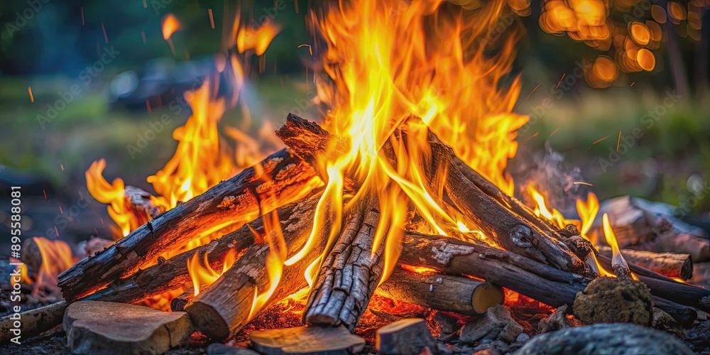 Burning campfire with glowing embers , flames, heat, wood, bonfire, campsite, outdoor, night, wilderness, fire pit, warmth Burning campfire with glowing embers , flames, heat, wood, bonfire, campsite, outdoor, night, wilderness, fire pit, warmth