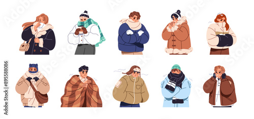 People in winter outerwear freeze set. Different men and women in coats, hats, gloves shiver from cold weather. Characters in warm clothes shake. Flat isolated vector illustrations on white background