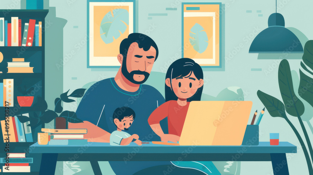 A father and his child working on homework together using a laptop at a cozy home desk. A father and his child working on homework together using a laptop at a cozy home desk.