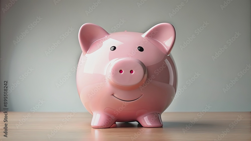 A pink piggy bank with a cheerful expression , Finance, savings, money, budgeting, banking, investment A pink piggy bank with a cheerful expression , Finance, savings, money, budgeting, banking, investment