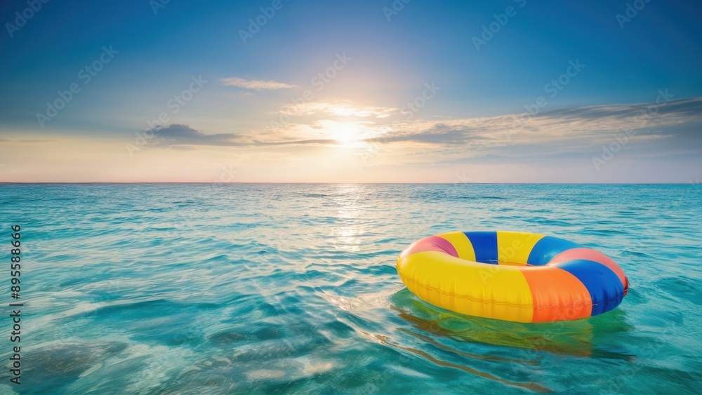 A colorful inflatable raft floating in the ocean with a bright sun, AI A colorful inflatable raft floating in the ocean with a bright sun, AI