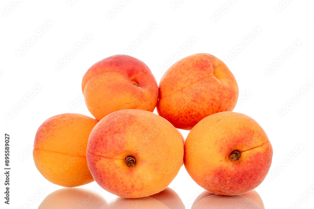 Several ripe apricots, macro, isolated on white background. Several ripe apricots, macro, isolated on white background.