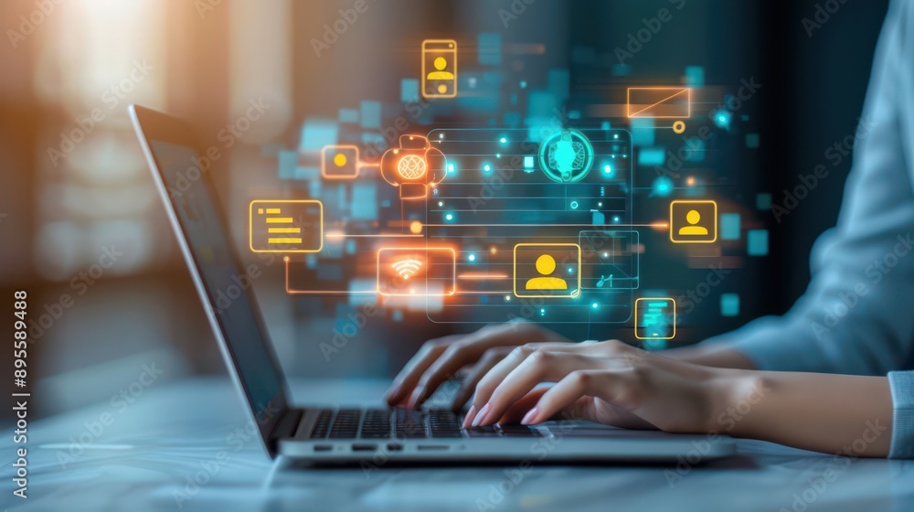 Person using a laptop to chat with a conversational agent, practicing language skills with real-time feedback, Conversational agent, Laptop Person using a laptop to chat with a conversational agent, practicing language skills with real-time feedback, Conversational agent, Laptop