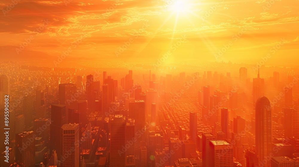 A photo of a city skyline at sunset. The sky is a bright orange color. The sun is setting behind the buildings. The city is covered in a haze. A photo of a city skyline at sunset. The sky is a bright orange color. The sun is setting behind the buildings. The city is covered in a haze.
