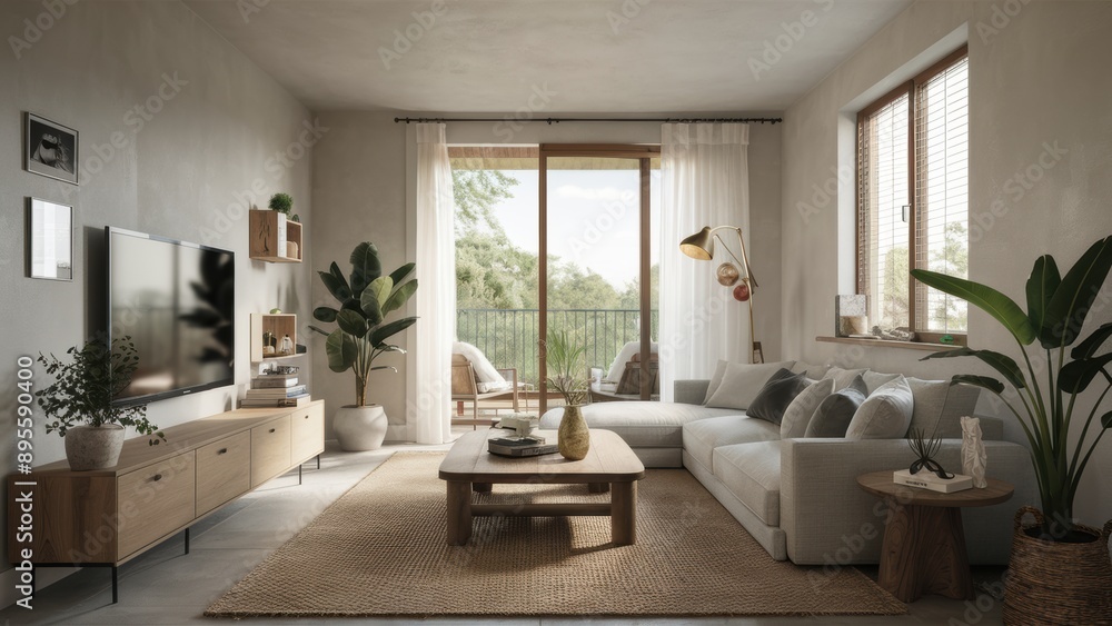 Fototapeta premium A living room with a couch, coffee table and television, AI