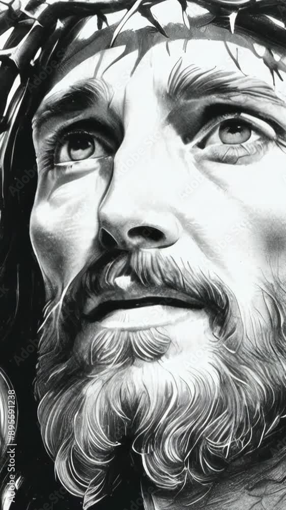 Jesus Christ face draw art black white pensil sketch style animation -- 4k 9x16 vertical stock video footage AI Jesus Christ face draw art black white pensil sketch style animation -- 4k 9x16 vertical stock video footage AI