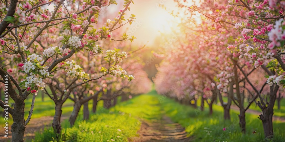 Abstract blurred background of a vibrant apple orchard in full bloom, orchard, apple trees, blooming, green leaves, springtime