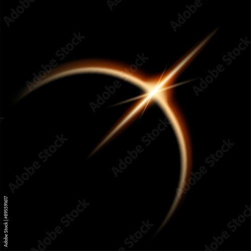 Realistic solar eclipse with shining star, lens flare light overlay effect on black background. Vector yellow glowing sunlight semicircle in black space.