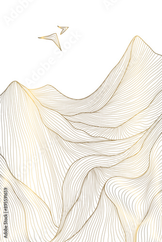 Vector mountain line japanese landscape, luxury gold on white rocks and birds illustration. Vertical orientation nature minimalist drawing. Top view scenery