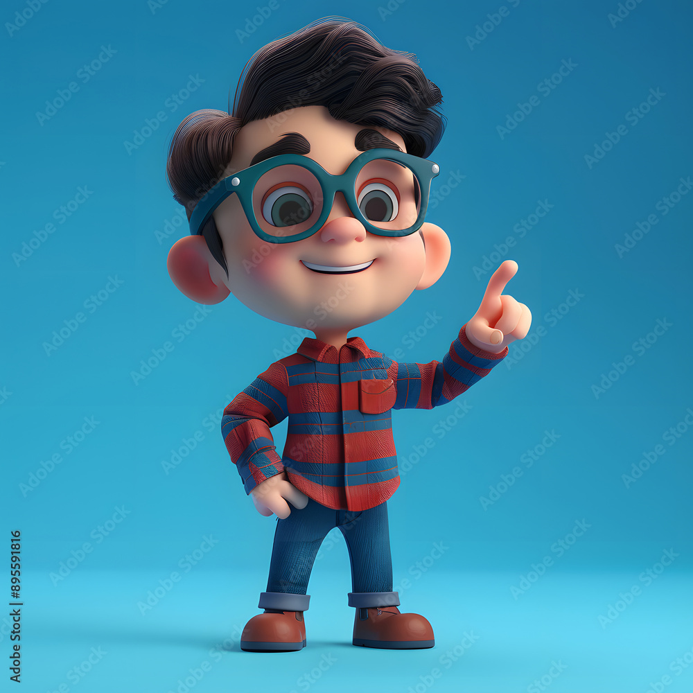3D Cartoon Illustration of a Boy with Glasses Pointing Up 3D Cartoon Illustration of a Boy with Glasses Pointing Up