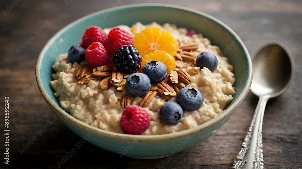 a bowl of oatmeal with colorful fruits and nuts a bowl of oatmeal with colorful fruits and nuts