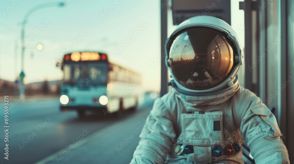 Astronaut at Bus Stop - Playful Urban Scene with School Bus and Space Suit, Copy Space for Text Astronaut at Bus Stop - Playful Urban Scene with School Bus and Space Suit, Copy Space for Text