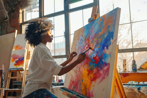 Inspired black female artist paints on a large canvas in her bri photo