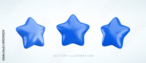 Vector 3d blue star icons set. Cute realistic cartoon 3d render, glossy metallic star front and side projection, for customer rating concept, decor, web, game design, app, advert.