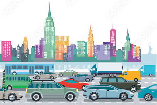Stadtsilhouette einer Großstadt mit Verkehr,  illustration  -.eps