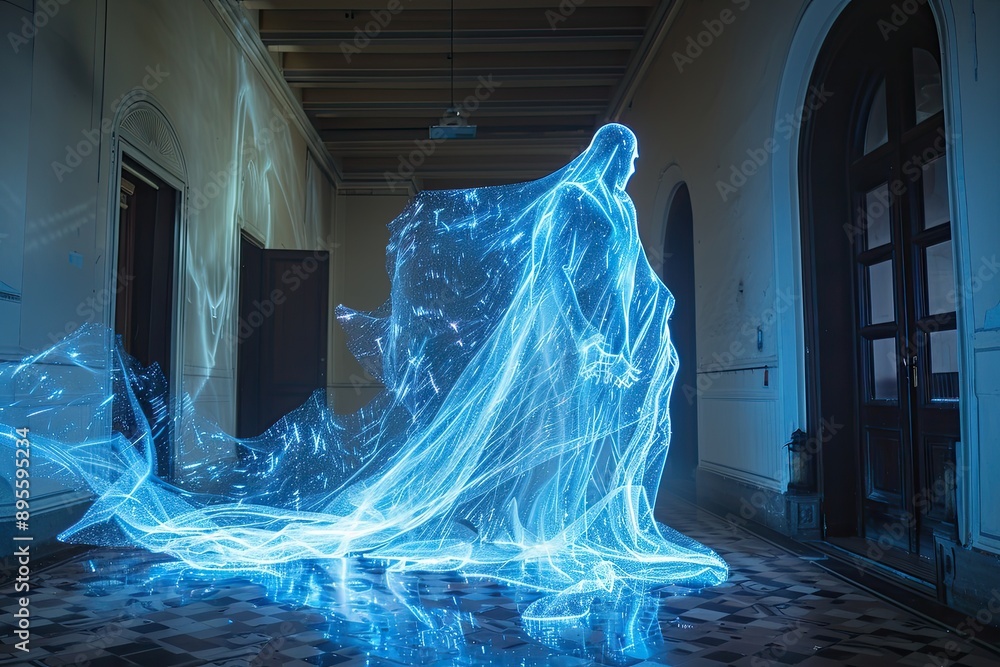 Ethereal Ghostly Apparition in Translucent White Robes Floating Through Dark Hallway with Glowing Blue Particles Trail Ethereal Ghostly Apparition in Translucent White Robes Floating Through Dark Hallway with Glowing Blue Particles Trail