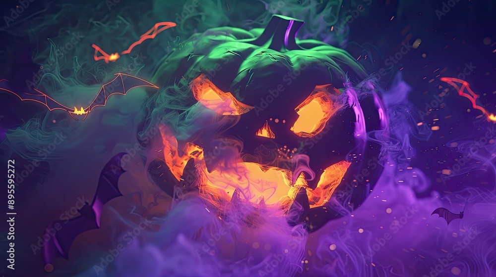 A giant, neon green jack-o'-lantern grin, formed from triangular teeth, floats against a backdrop of swirling purple smoke. A giant, neon green jack-o'-lantern grin, formed from triangular teeth, floats against a backdrop of swirling purple smoke.