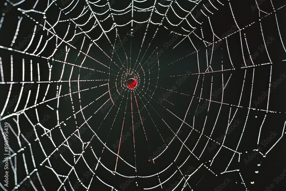 Fototapeta premium Ethereal Spider Web with Red Gemstone Eye on Black Background